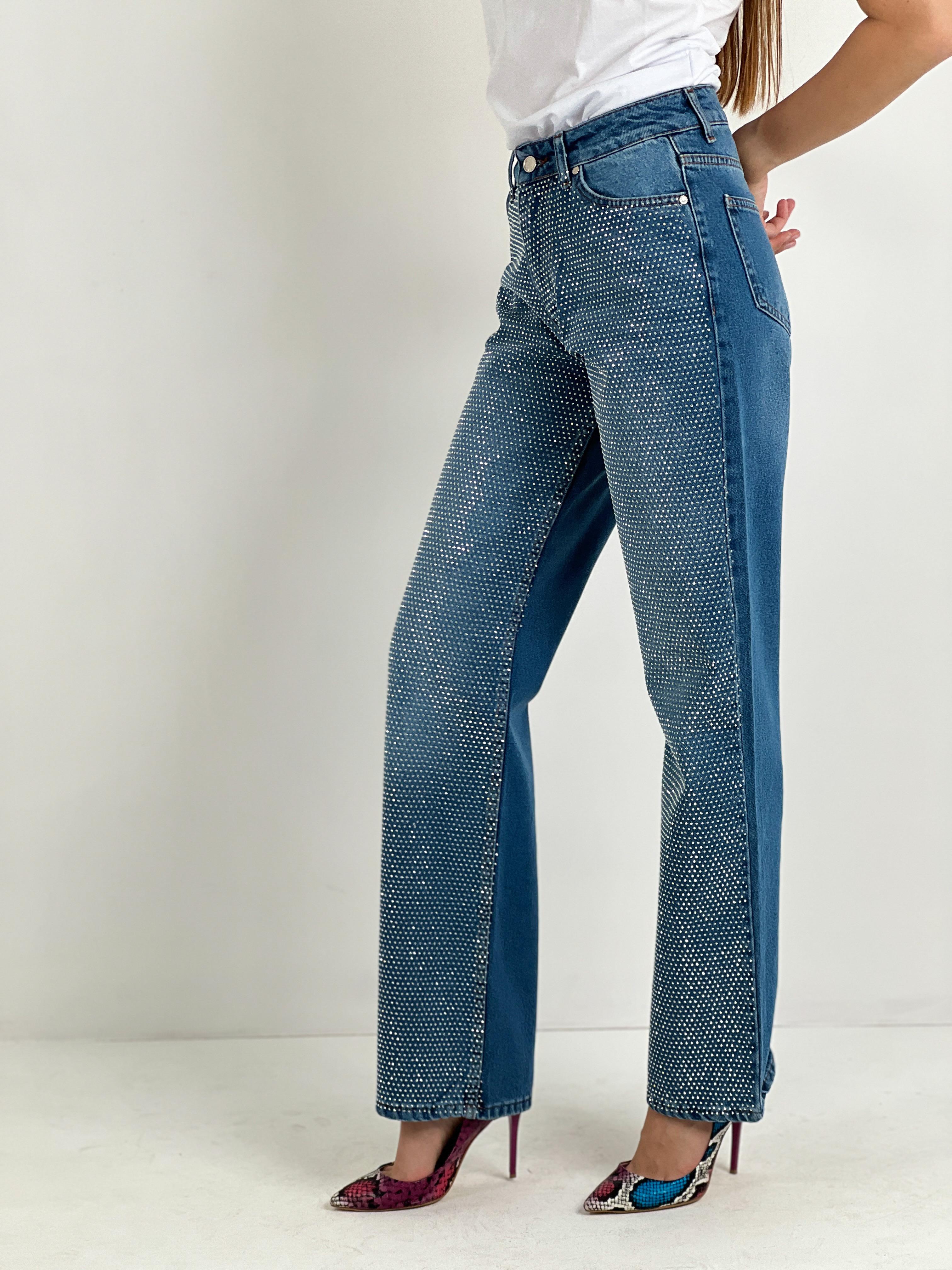 Kadın Önü Taş İşlemeli Wide Leg Jean - Orta Mavi · 2