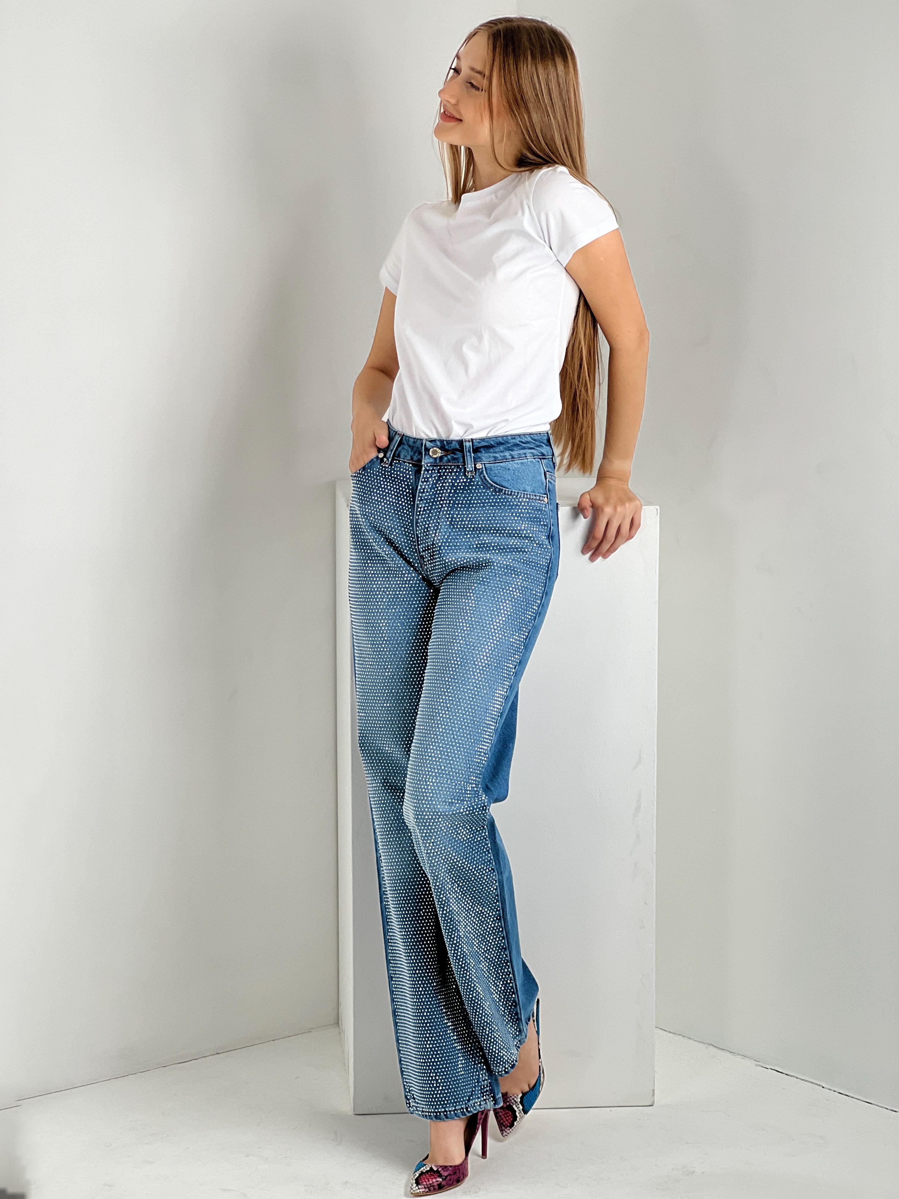 Kadın Önü Taş İşlemeli Wide Leg Jean - Orta Mavi · 6