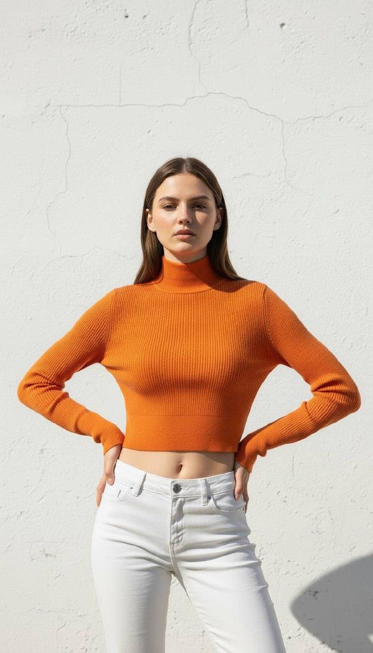 Kadın Oranj Balıkçı Yaka Fitilli Crop Triko Kazak · 3