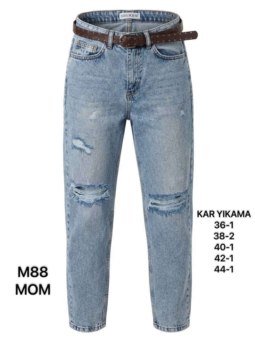 Kadın Orta Mavi Mom Fit Yırtık Jean Pantolon