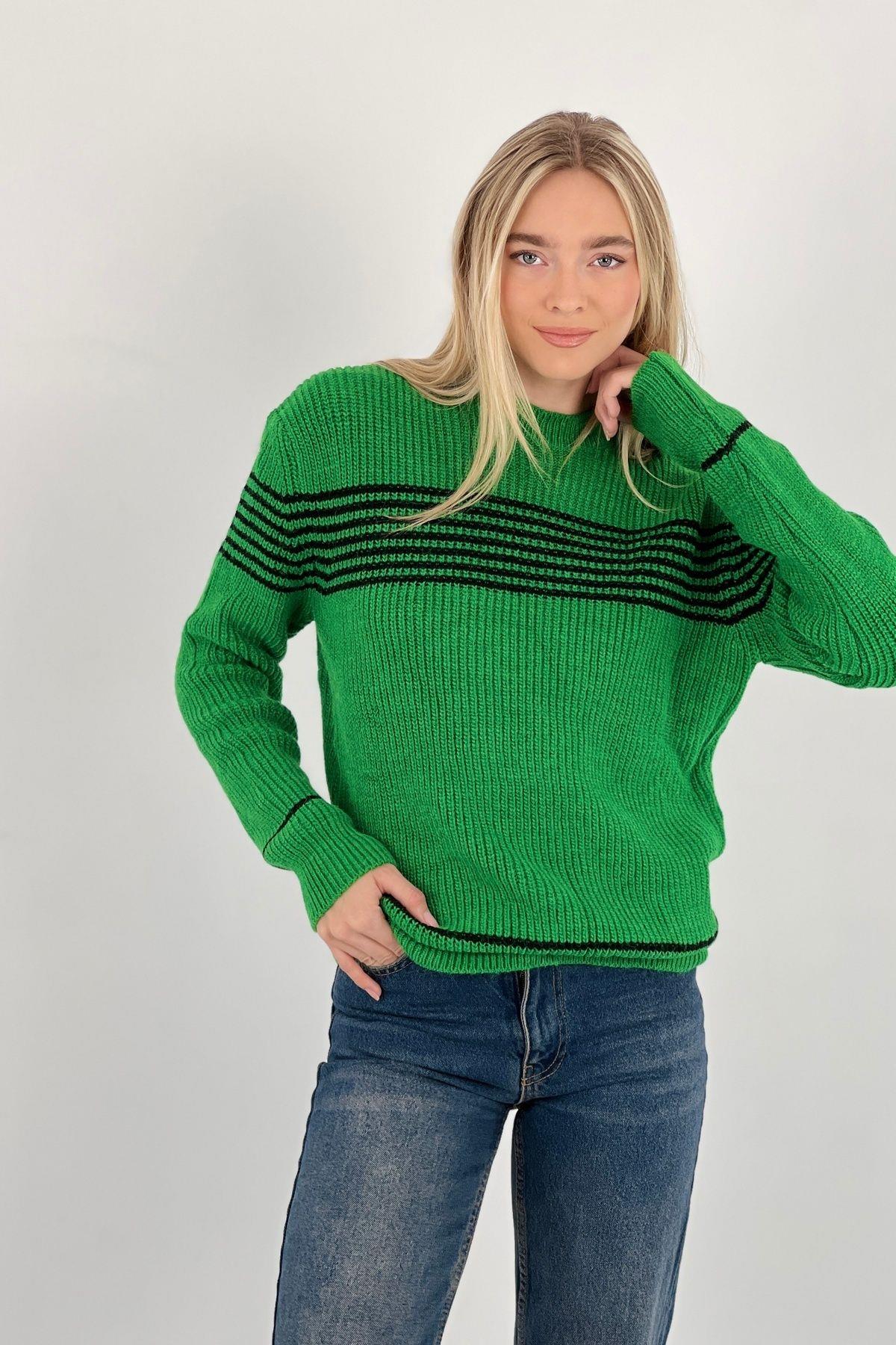 Kadın Oversize Bisiklet Yaka Kışlık Uzun Yeşil  Triko Kazak · 26