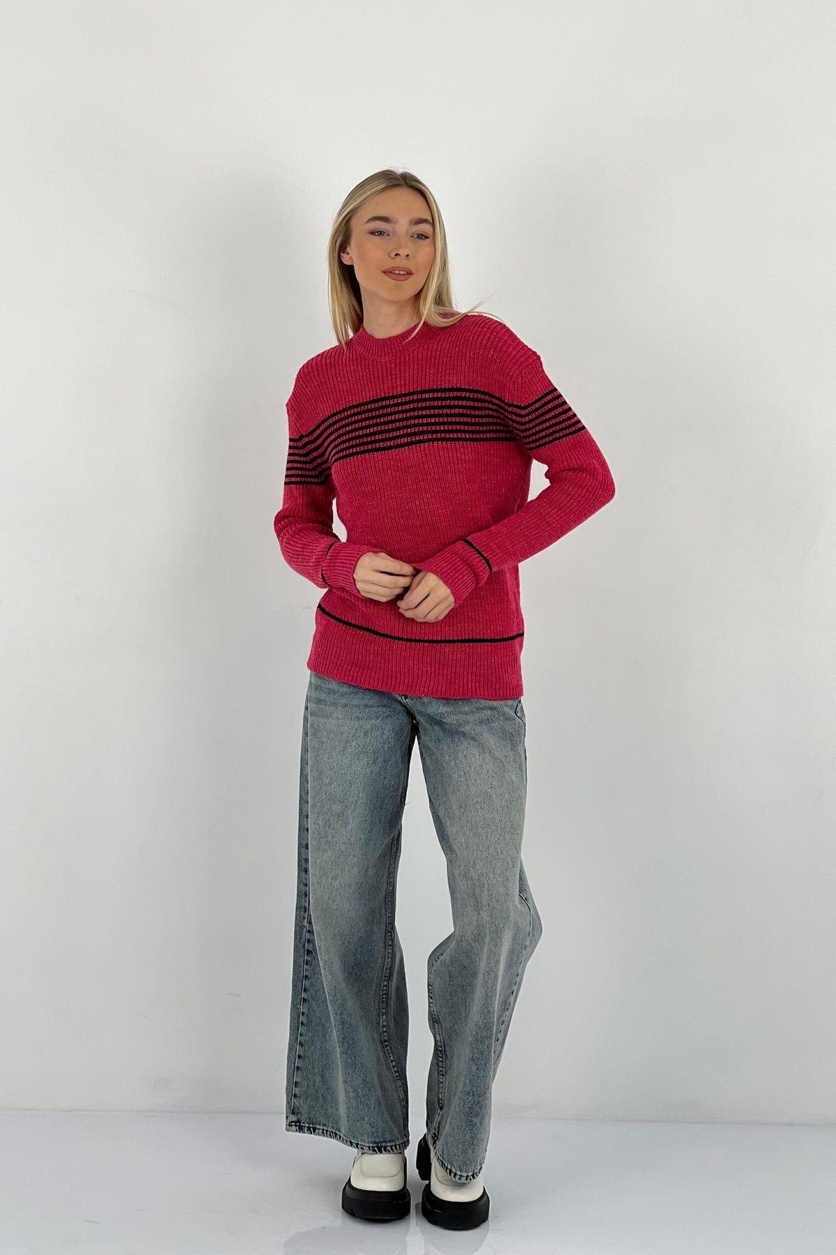 Kadın Oversize Bisiklet Yaka Kışlık Uzun Fuşya Triko Kazak · 5