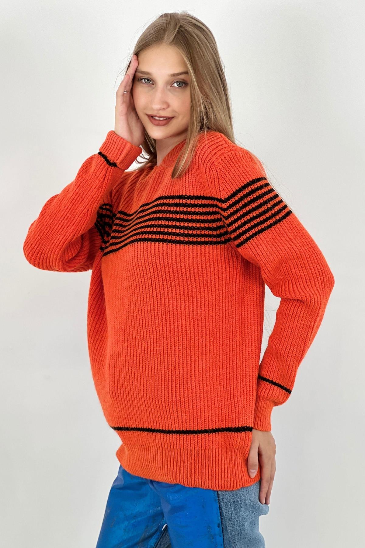 Kadın Oversize Bisiklet Yaka Kışlık Uzun Turuncu Triko Kazak · 7