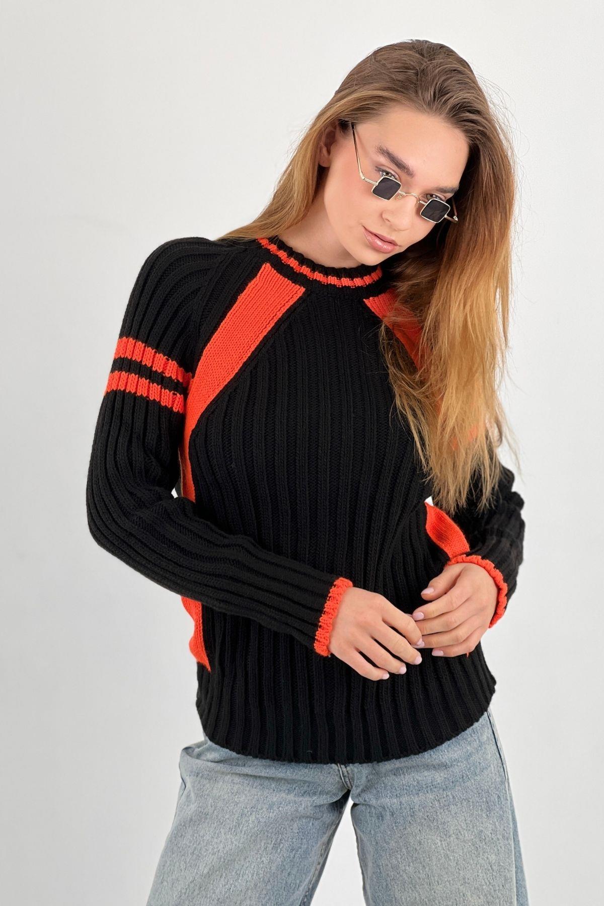 Kadın Oversize Bisiklet Yaka Şeritli Uzun Kışlık Siyah Triko Kazak · 21