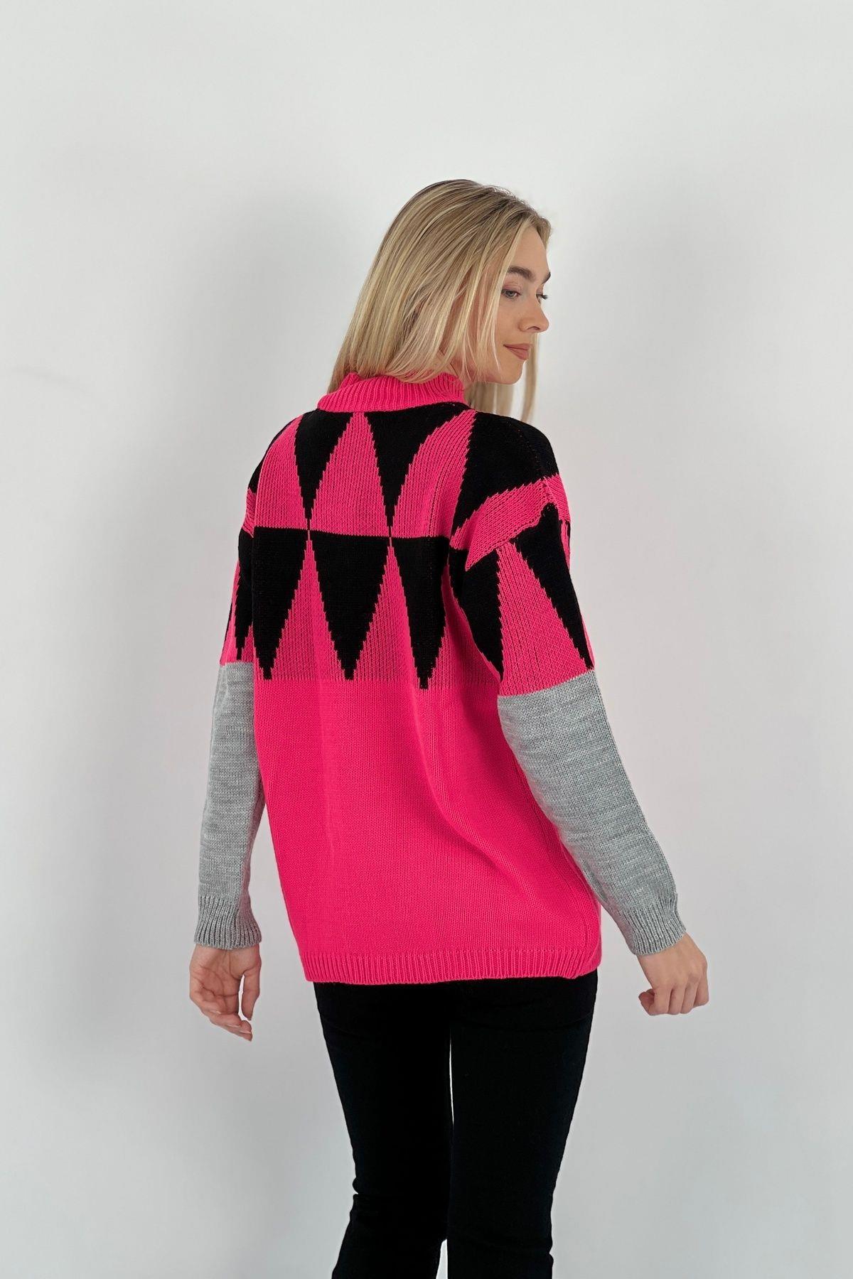 Kadın Oversize Uzun Kollu Kışlık Bol Fuşya Triko Kazak · 6