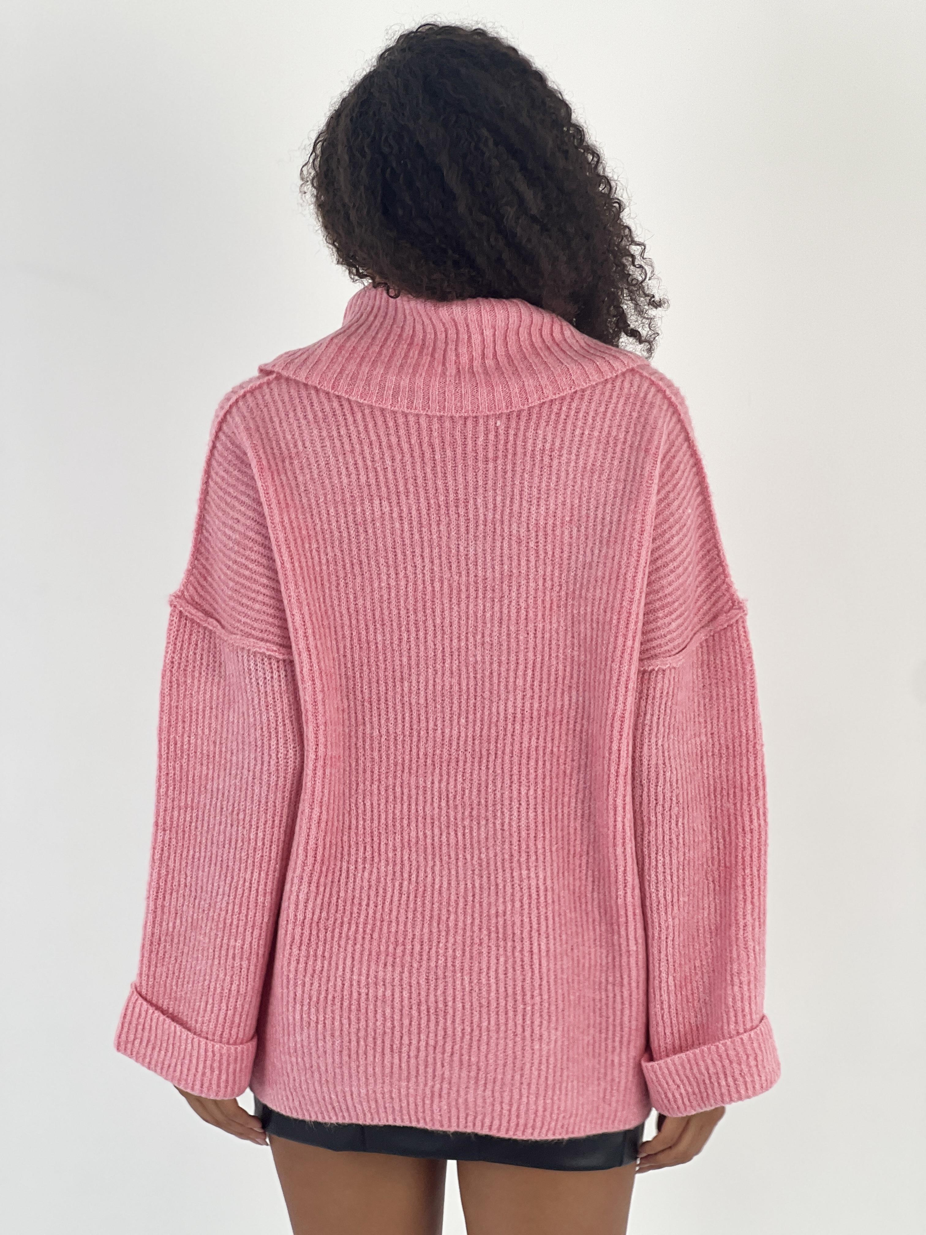 Kadın Oversize Yüksek Yaka Pembe Triko Kazak · 6