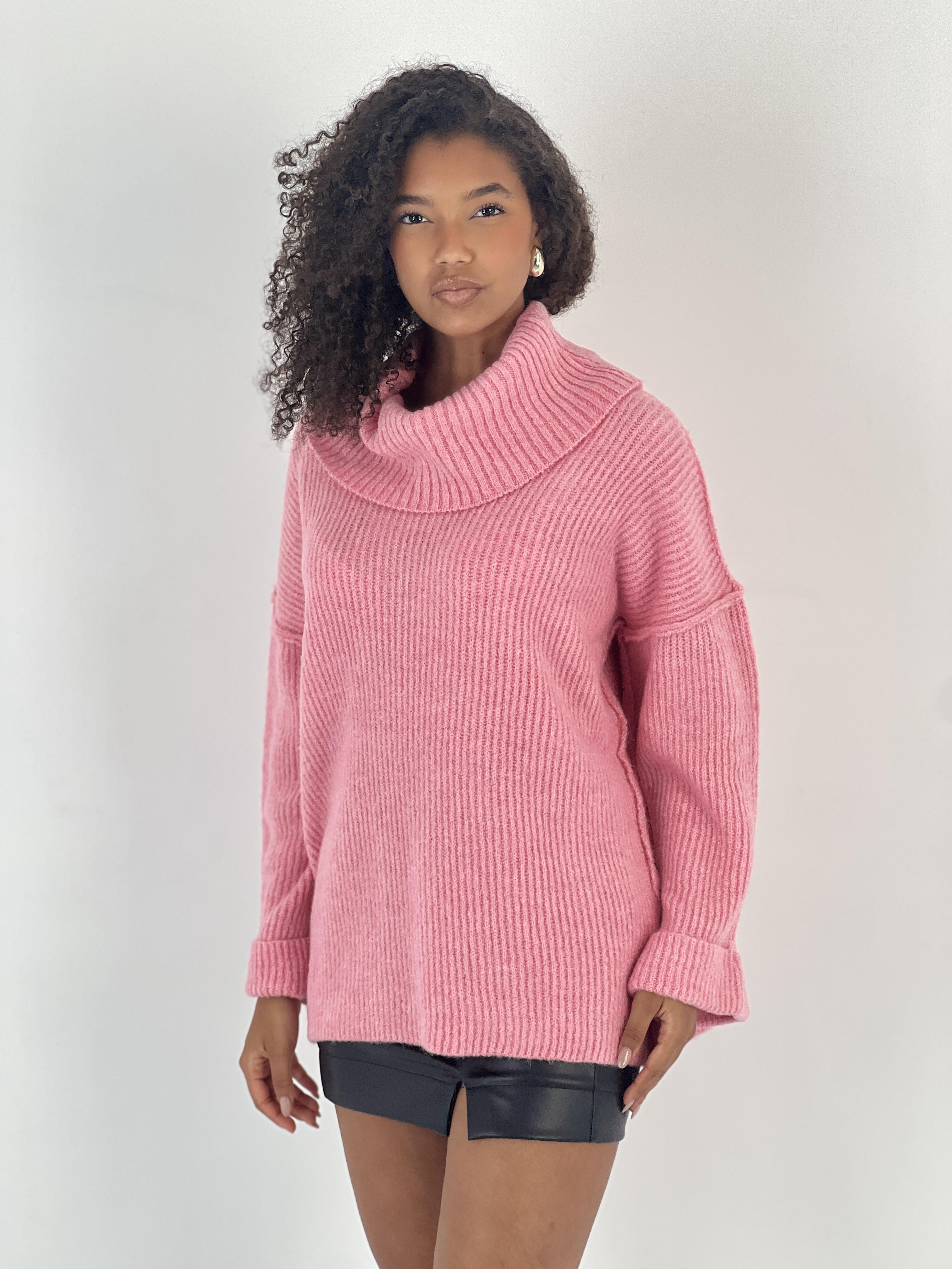 Kadın Oversize Yüksek Yaka Pembe Triko Kazak · 3