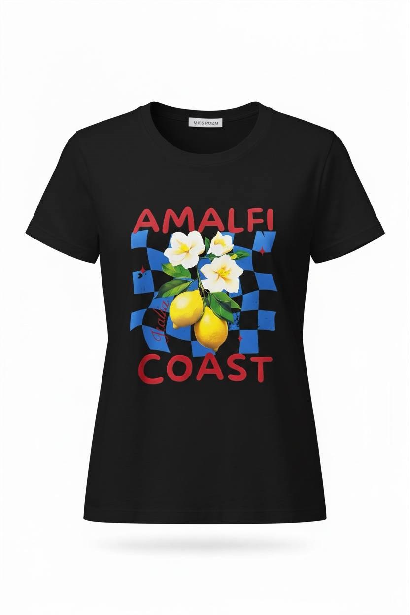 Kadın Siyah Amalfi Coast Baskılı %100 Pamuk Tişört