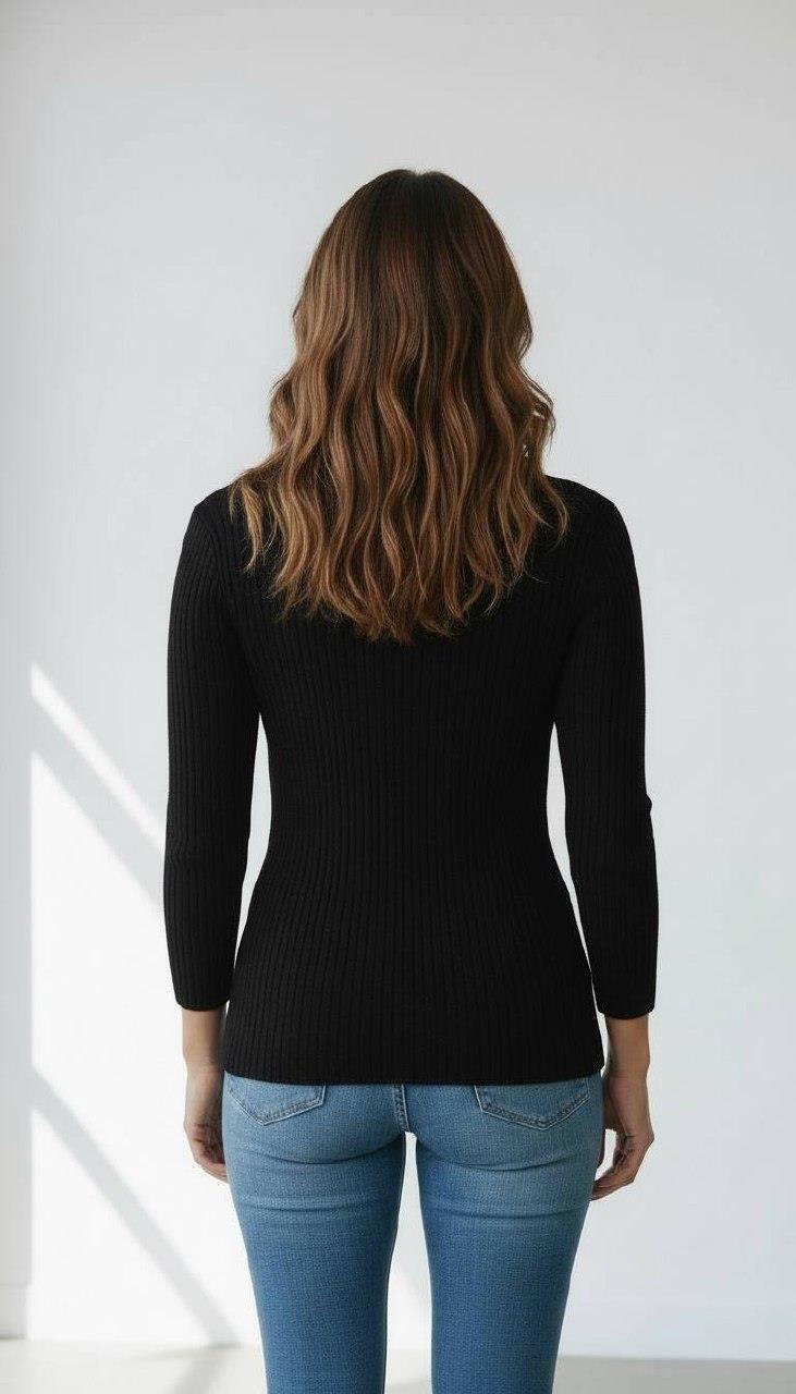 Kadın Siyah Fitilli Balıkçı Yaka Slim Fit Triko Kazak · 4