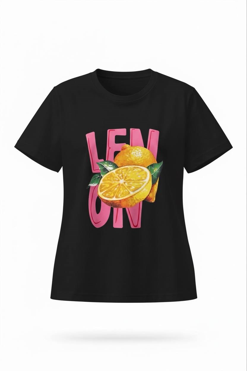 Kadın Siyah Limon Baskılı Pamuk T-Shirt