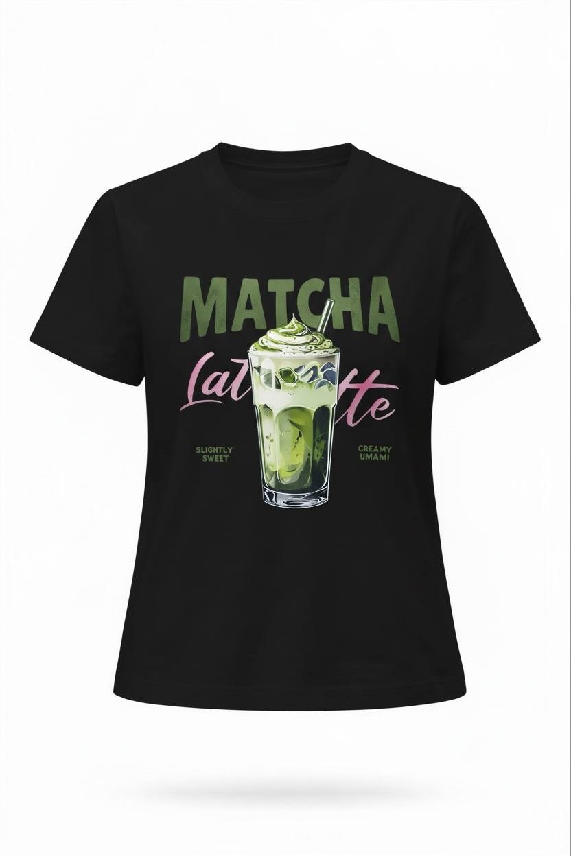 Kadın Siyah Matcha Latte Baskılı %100 Pamuk Tişört