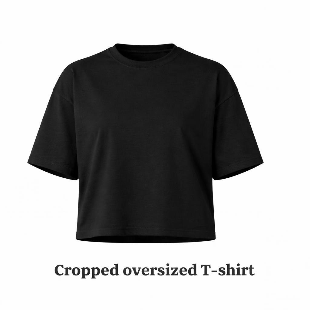 Kadın Siyah Oversize Crop Pamuk T-Shirt