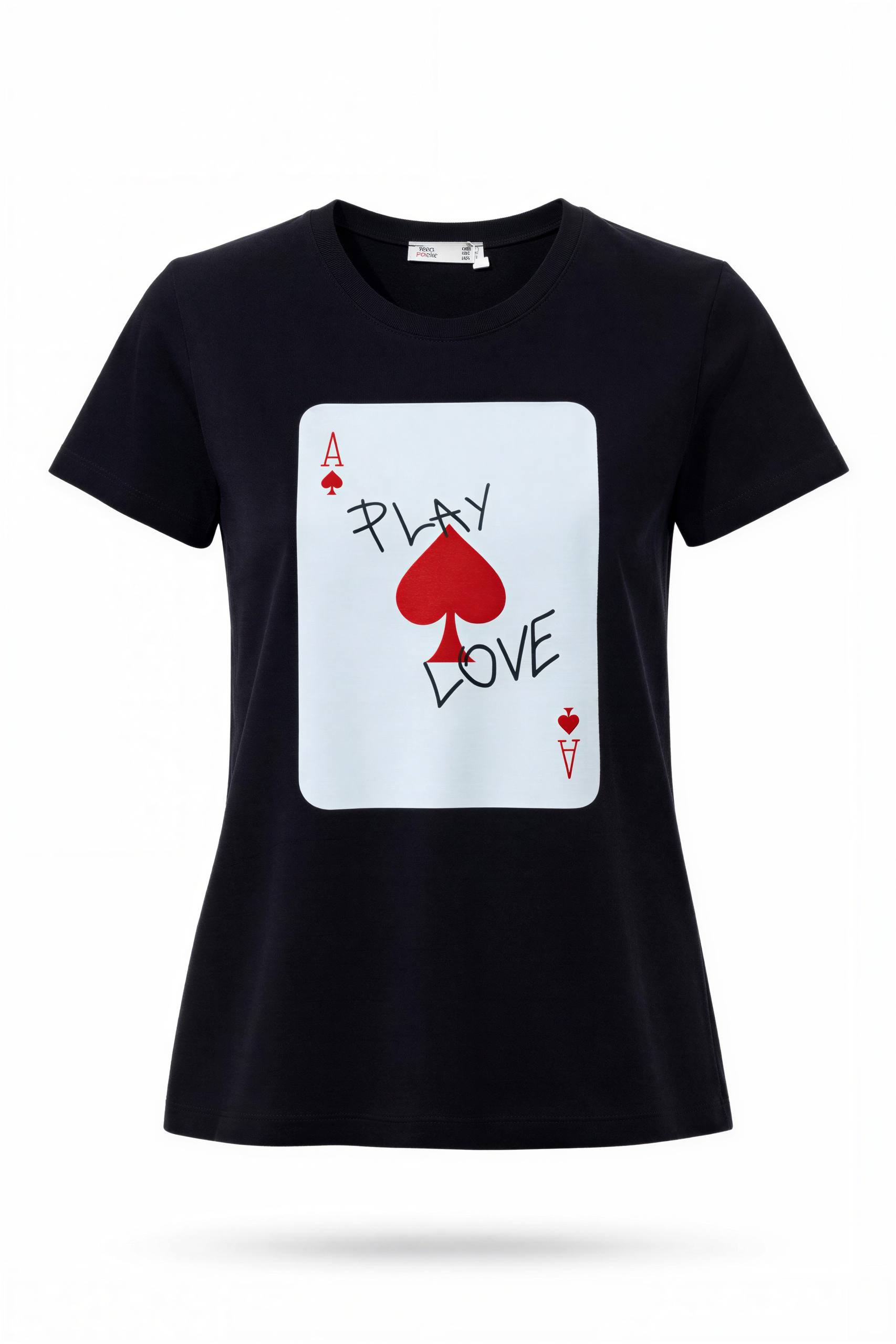 Kadın Siyah Poker Kartı Baskılı Pamuk T-Shirt