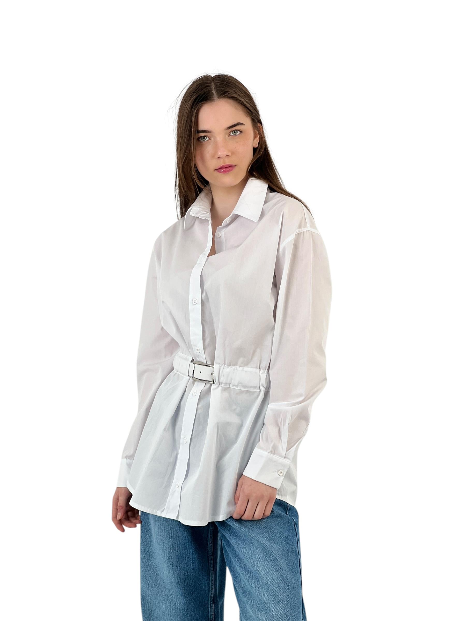 Kadın Transparan Beli Kemerli Uzun Beyaz Gömlek · 3
