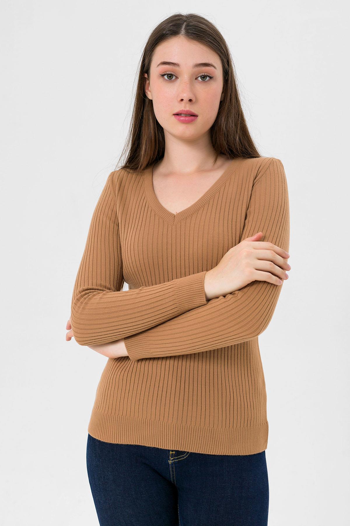 Kadın V Yaka Slim Fit Fitilli Uzun Kışlık Camel Triko Kazak · 5
