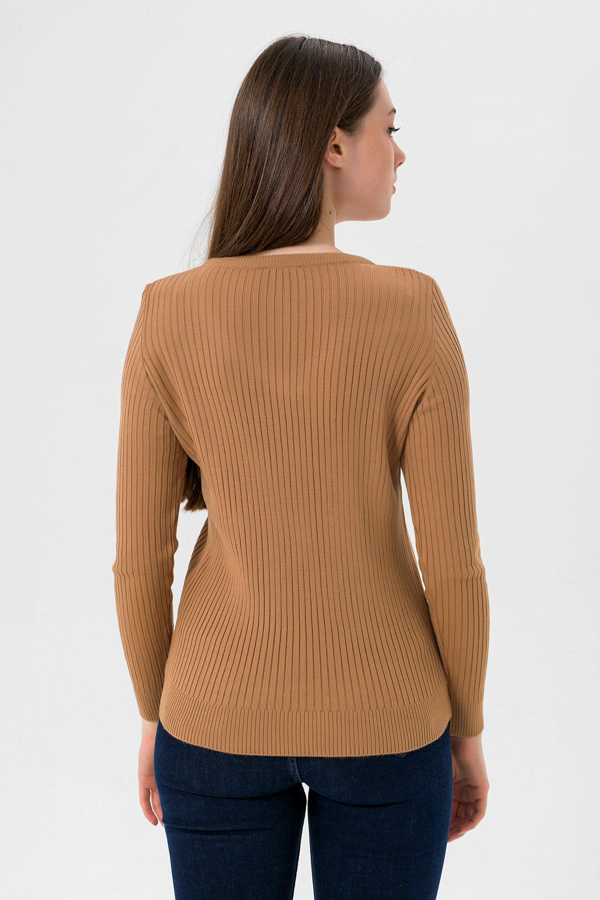 Kadın V Yaka Slim Fit Fitilli Uzun Kışlık Camel Triko Kazak · 6