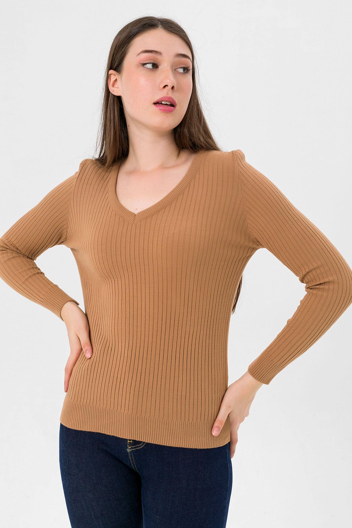 Kadın V Yaka Slim Fit Fitilli Uzun Kışlık Camel Triko Kazak · 2