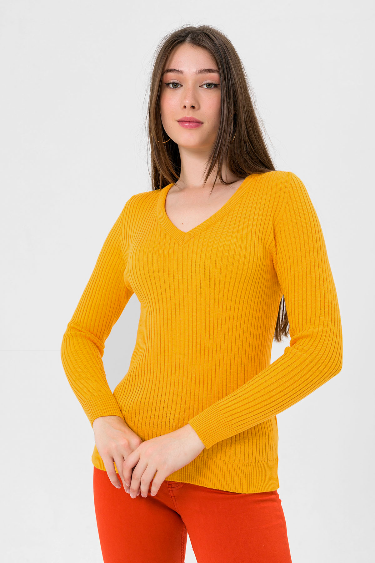 Kadın V Yaka Slim Fit Fitilli Uzun Kışlık Sarı Triko Kazak