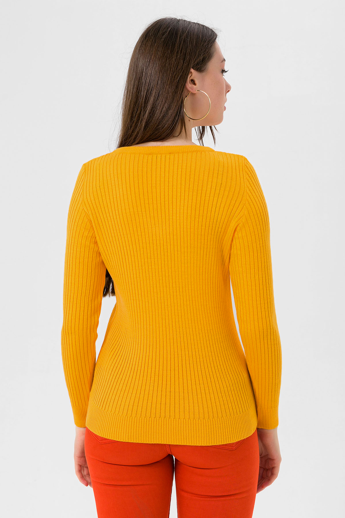 Kadın V Yaka Slim Fit Fitilli Uzun Kışlık Sarı Triko Kazak · 4