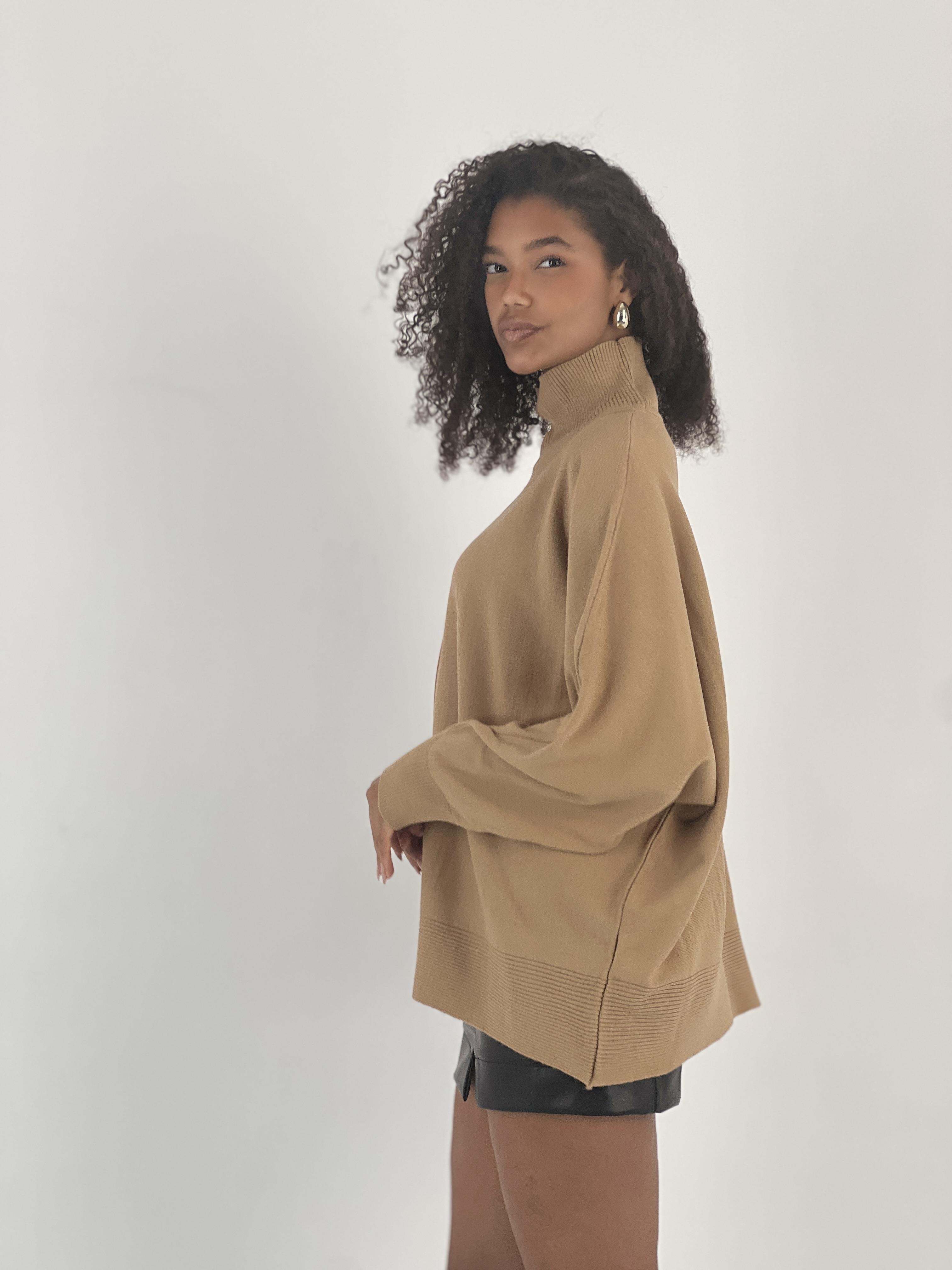 Kadın Yüksek Yaka Camel Oversize Triko · 3