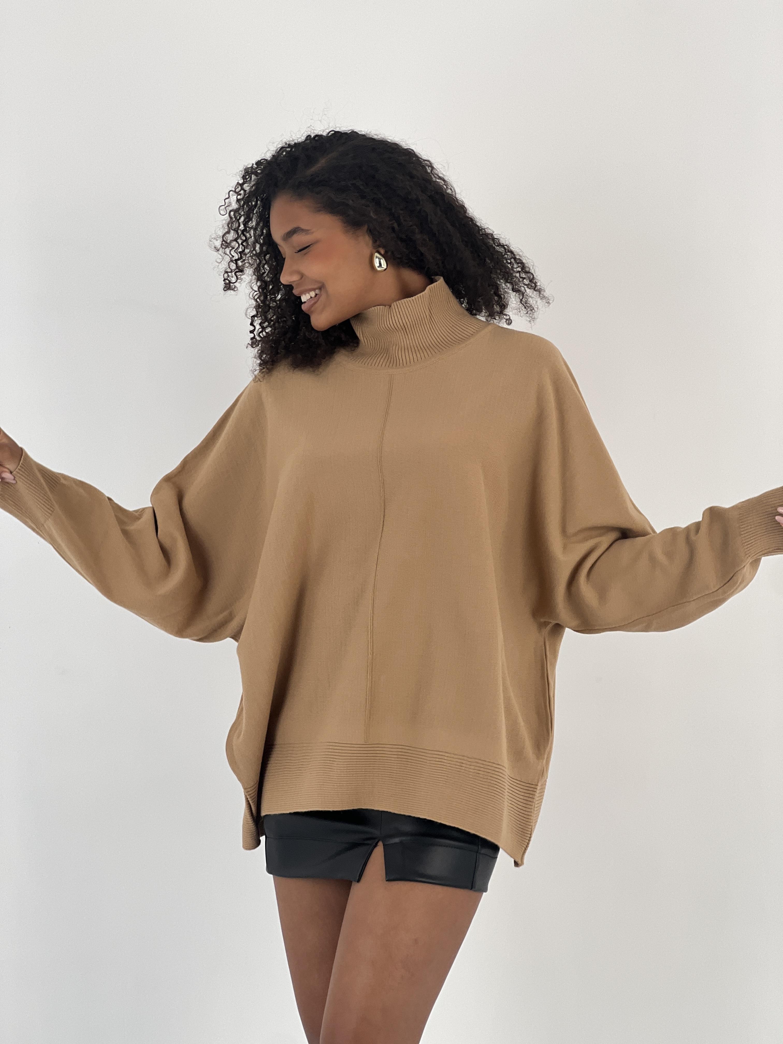 Kadın Yüksek Yaka Camel Oversize Triko · 6