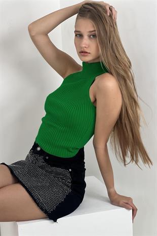 Kadın Kolsuz Slim Fit Boğazlı Fitilli Kısa Antrasit Triko Crop · 72