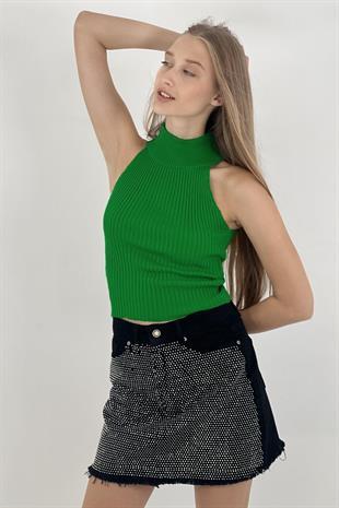 Kadın Kolsuz Slim Fit Boğazlı Fitilli Kısa Antrasit Triko Crop · 48