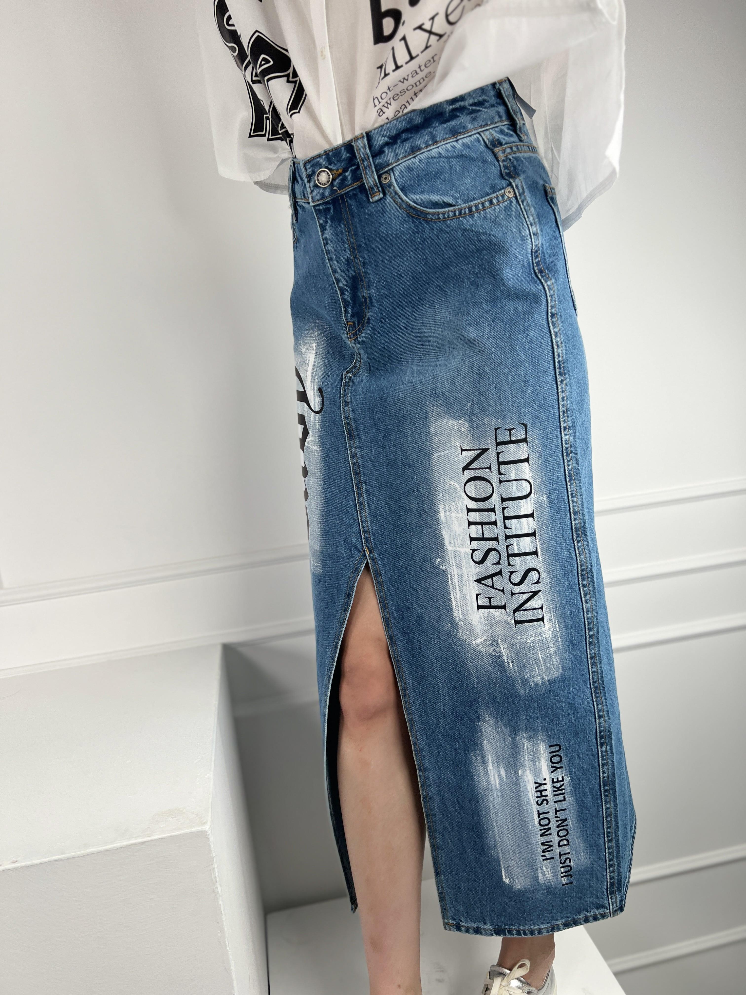 Mavi Yüksek Bel Önden Yırtmaçlı Baby Çoklu Baskı Ve Boya Detaylı Kot İlkbahar Yaz Denim Maxi Jeans Etek 100% Cotton 72748-2