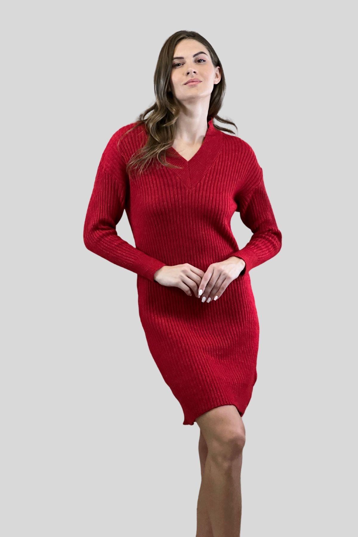 V Yaka Fitilli Basic Kadin Triko Elbise · 13