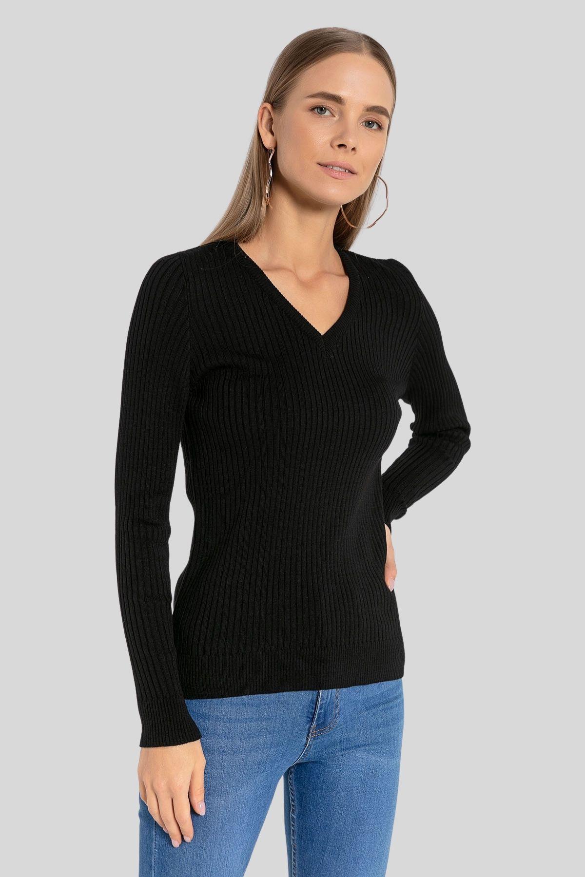 Kadın V Yaka Slim Fit Fitilli Uzun Kışlık Ekru Triko Kazak · 44
