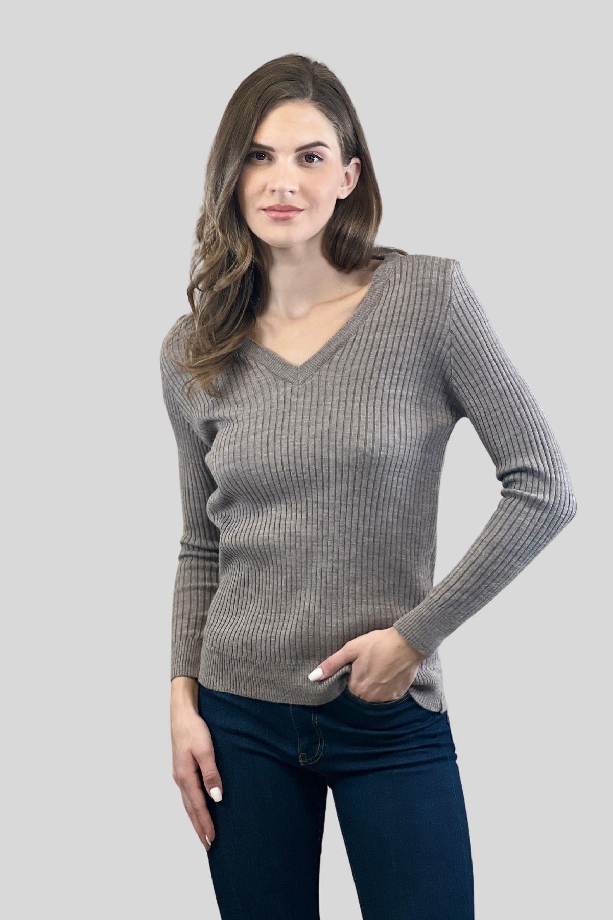 Kadın V Yaka Slim Fit Fitilli Uzun Kışlık Ekru Triko Kazak · 49