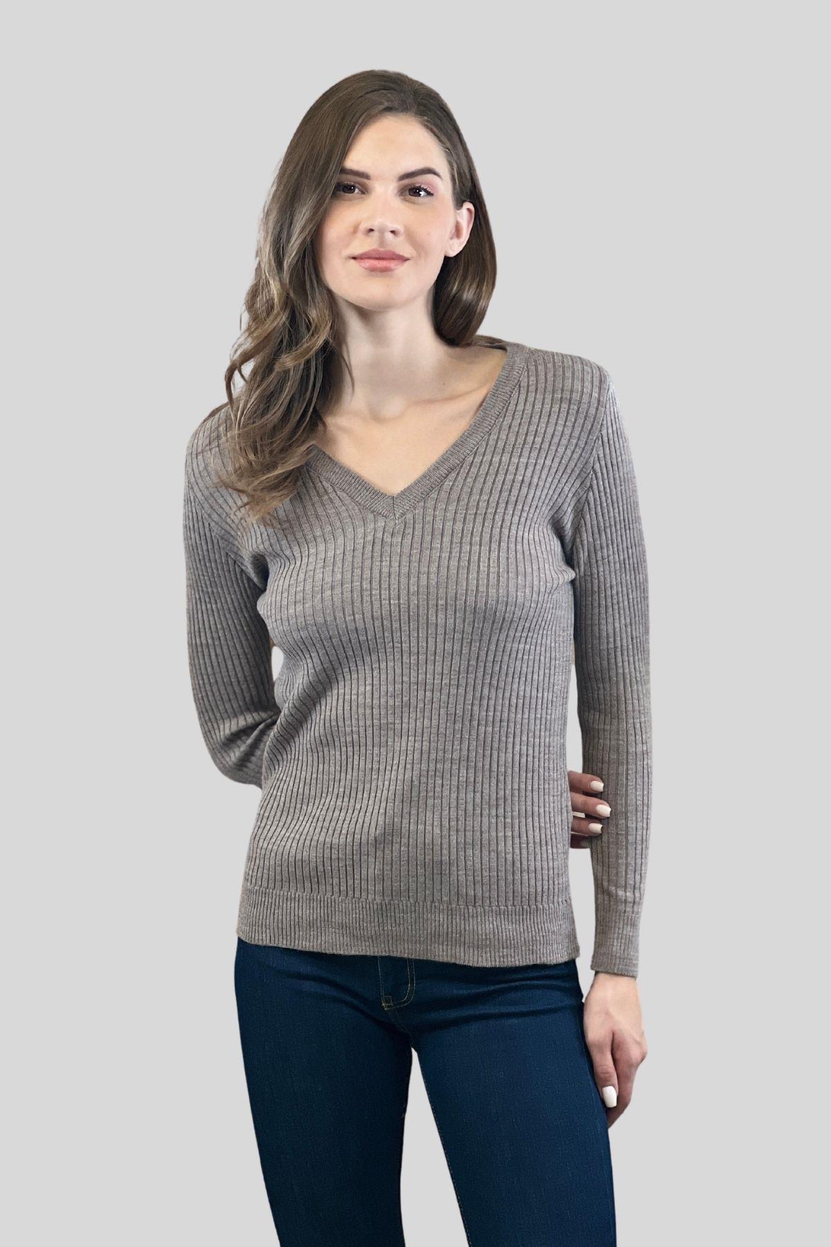 Kadın V Yaka Slim Fit Fitilli Uzun Kışlık Ekru Triko Kazak · 24