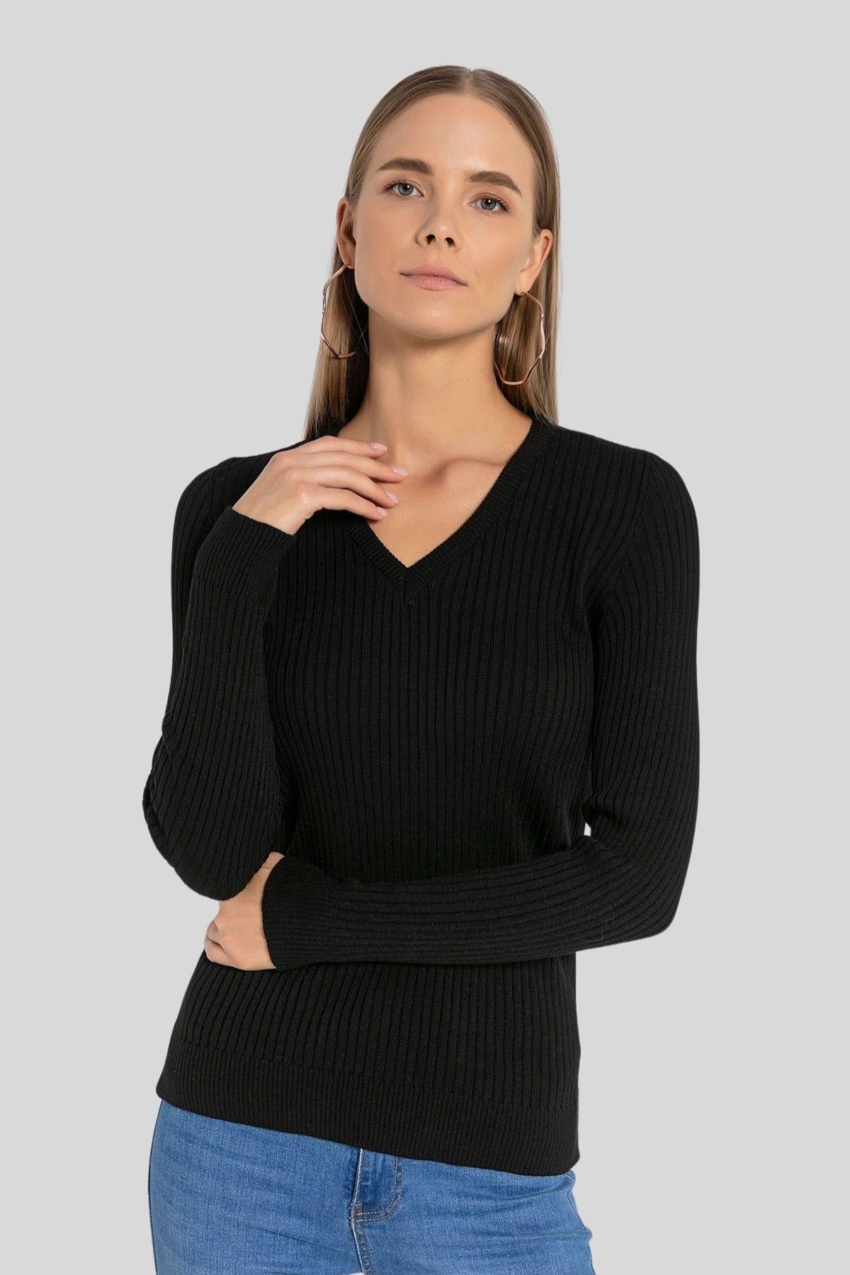 Kadın V Yaka Slim Fit Fitilli Uzun Kışlık Ekru Triko Kazak · 3