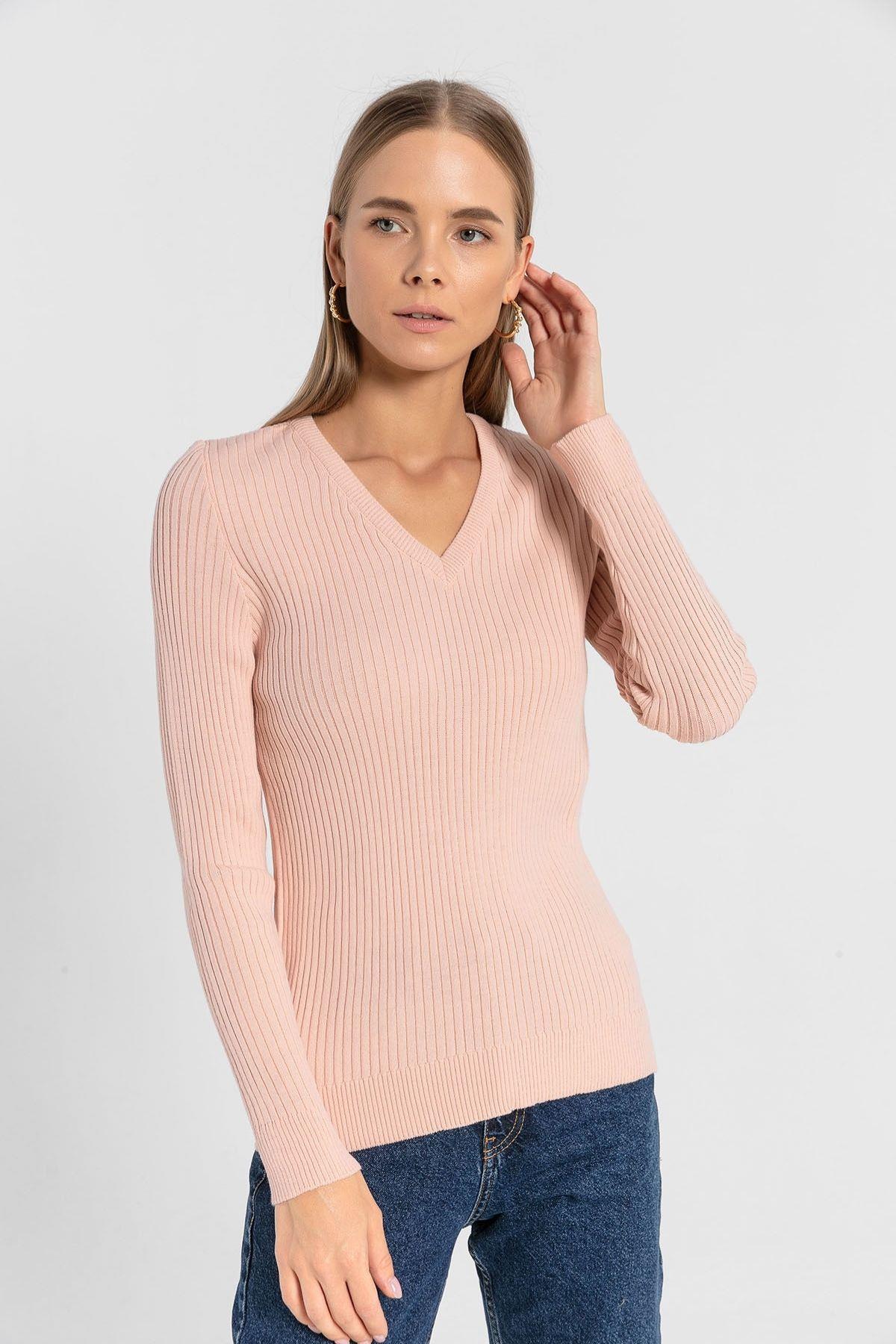 Kadın V Yaka Slim Fit Fitilli Uzun Kışlık Ekru Triko Kazak · 53