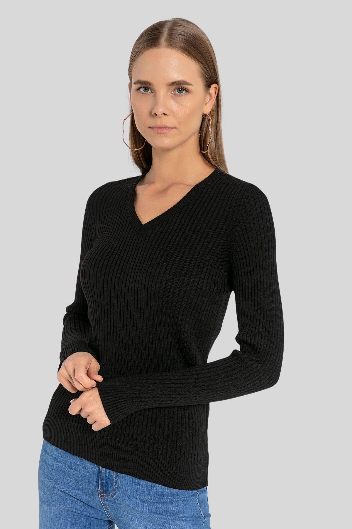 Kadın V Yaka Slim Fit Fitilli Uzun Kışlık Ekru Triko Kazak · 41