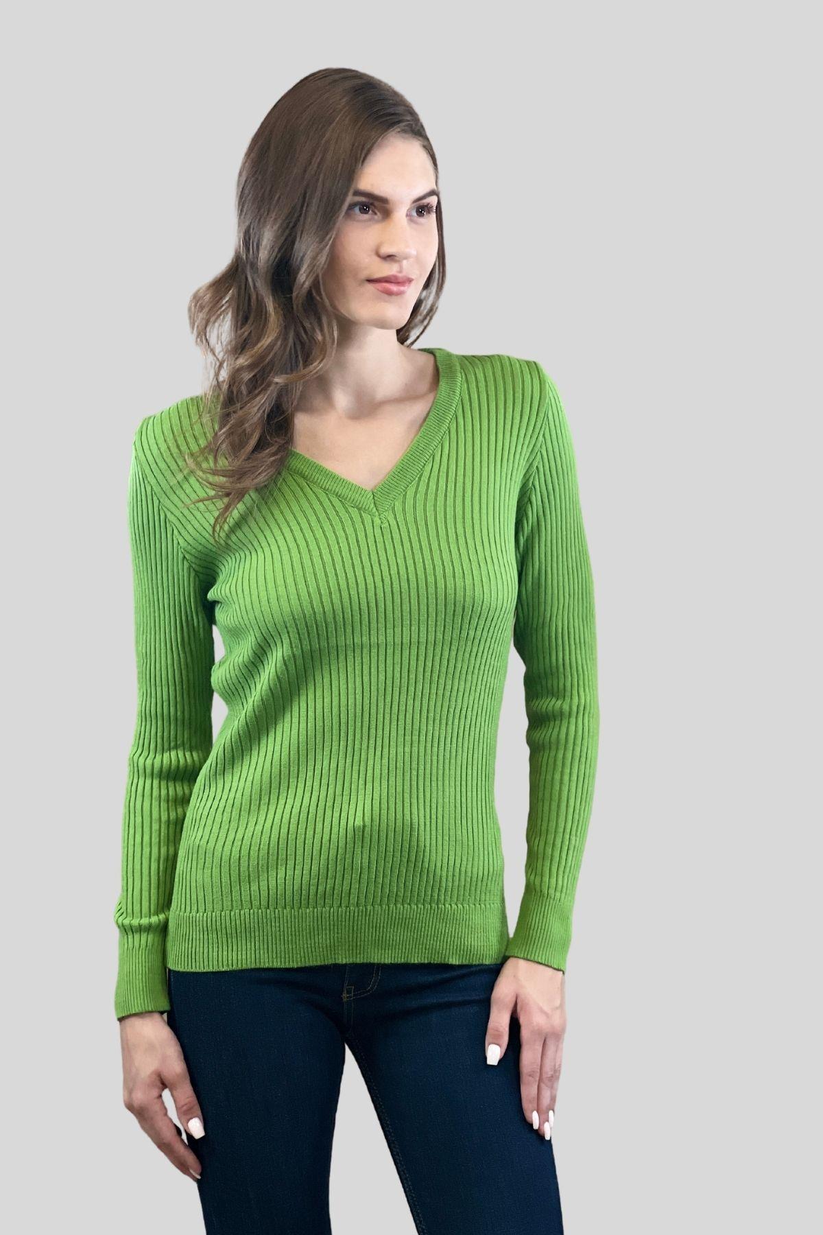 Kadın V Yaka Slim Fit Fitilli Uzun Kışlık Ekru Triko Kazak · 35