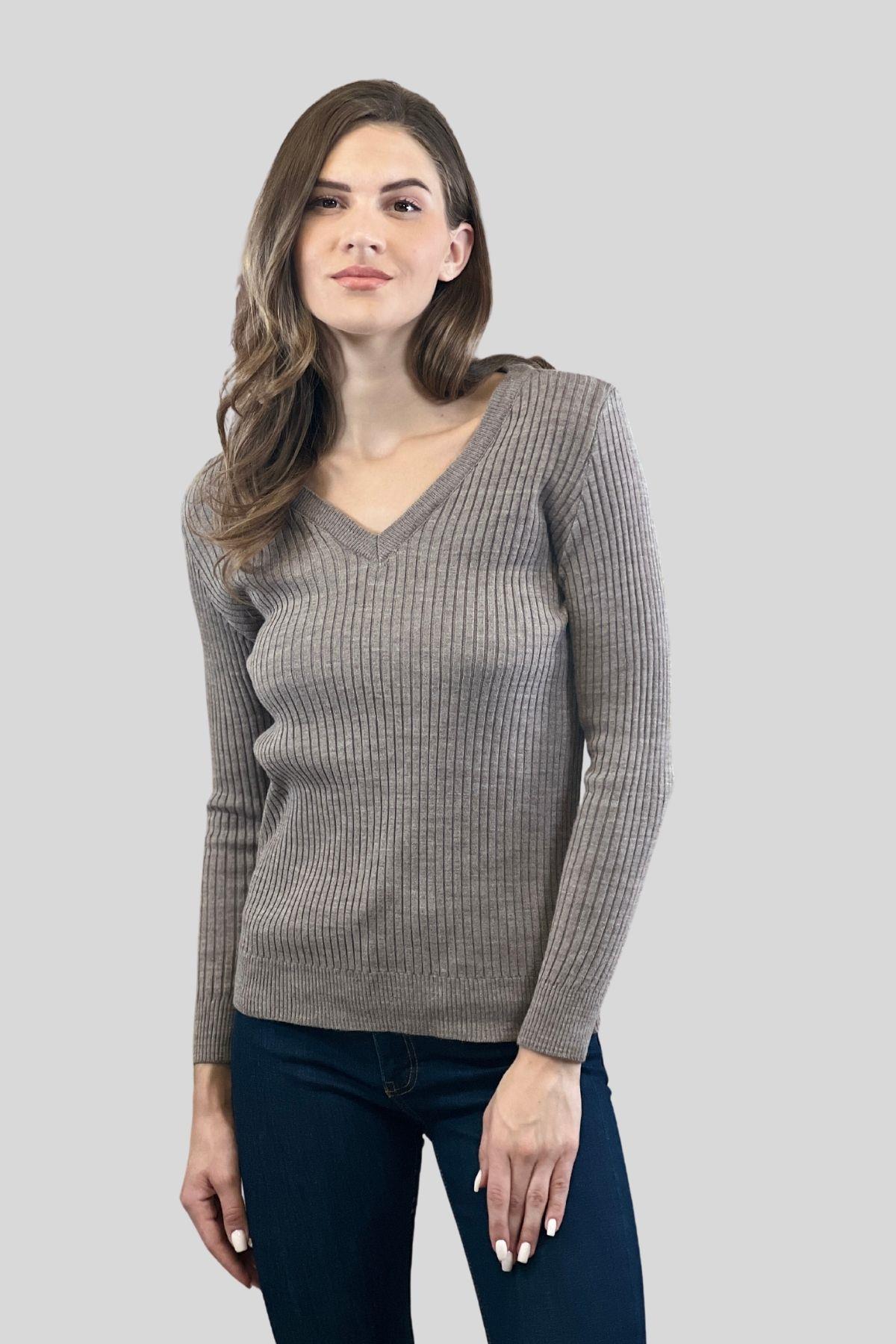 Kadın V Yaka Slim Fit Fitilli Uzun Kışlık Ekru Triko Kazak · 30