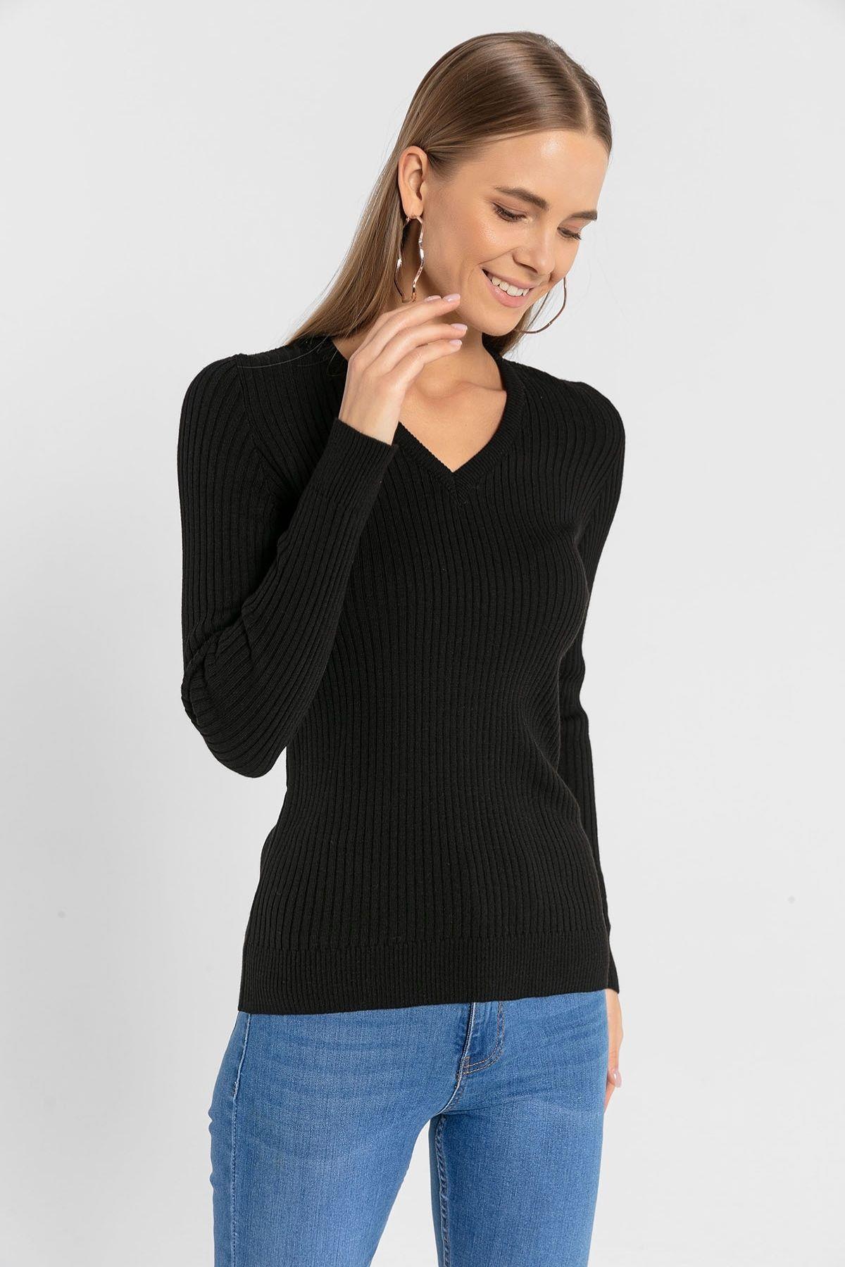 Kadın V Yaka Slim Fit Fitilli Uzun Kışlık Ekru Triko Kazak · 27