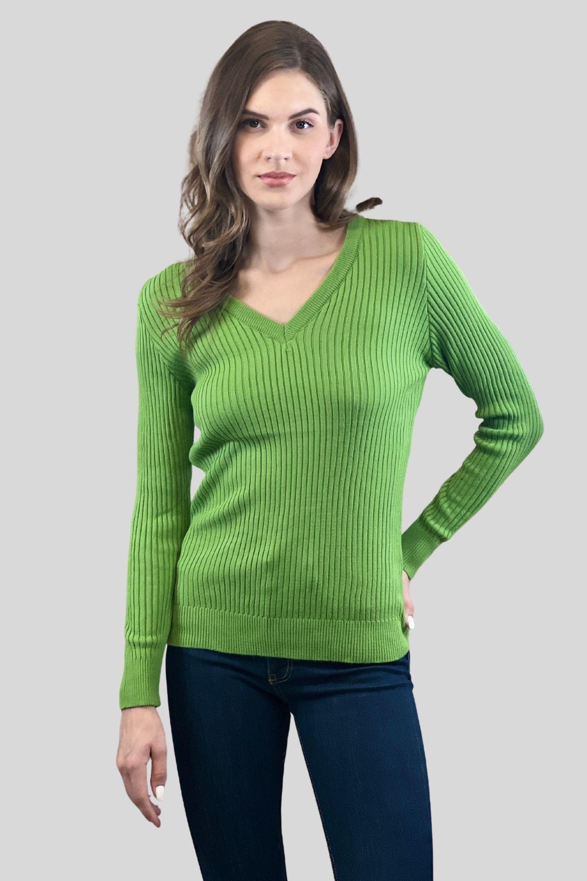 Kadın V Yaka Slim Fit Fitilli Uzun Kışlık Ekru Triko Kazak · 45