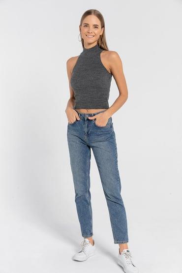Kadın Boğazlı Balıkçı Yaka Kolsuz Kısa Açık Mavi Triko Crop · 27
