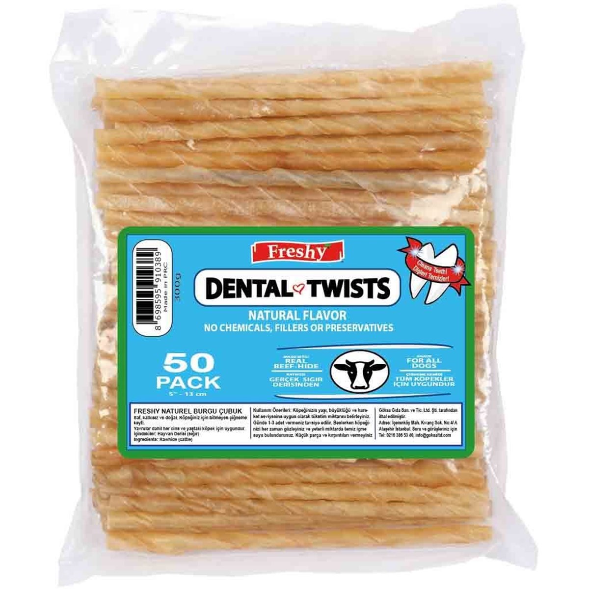 Freshy Dental Twists Burgu Çubuk Sığır Derisi Köpek Ödül Kemiği 50 Adet 300 Gr-Naturel