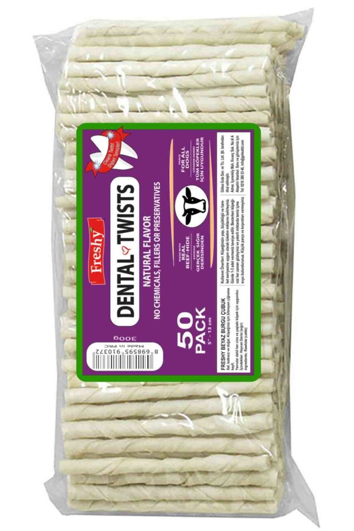 Freshy Dental Twists Burgu Çubuk Sığır Derisi Köpek Ödül Kemiği 50 Adet 300 Gr-Beyaz