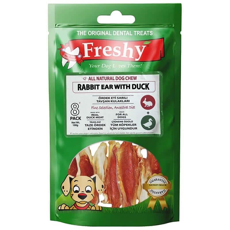 Freshy Rabbit Ear With Duck Ördek Eti Kaplı Tavşan Kulağı Köpek Ödülü 8 Adet 100 Gr