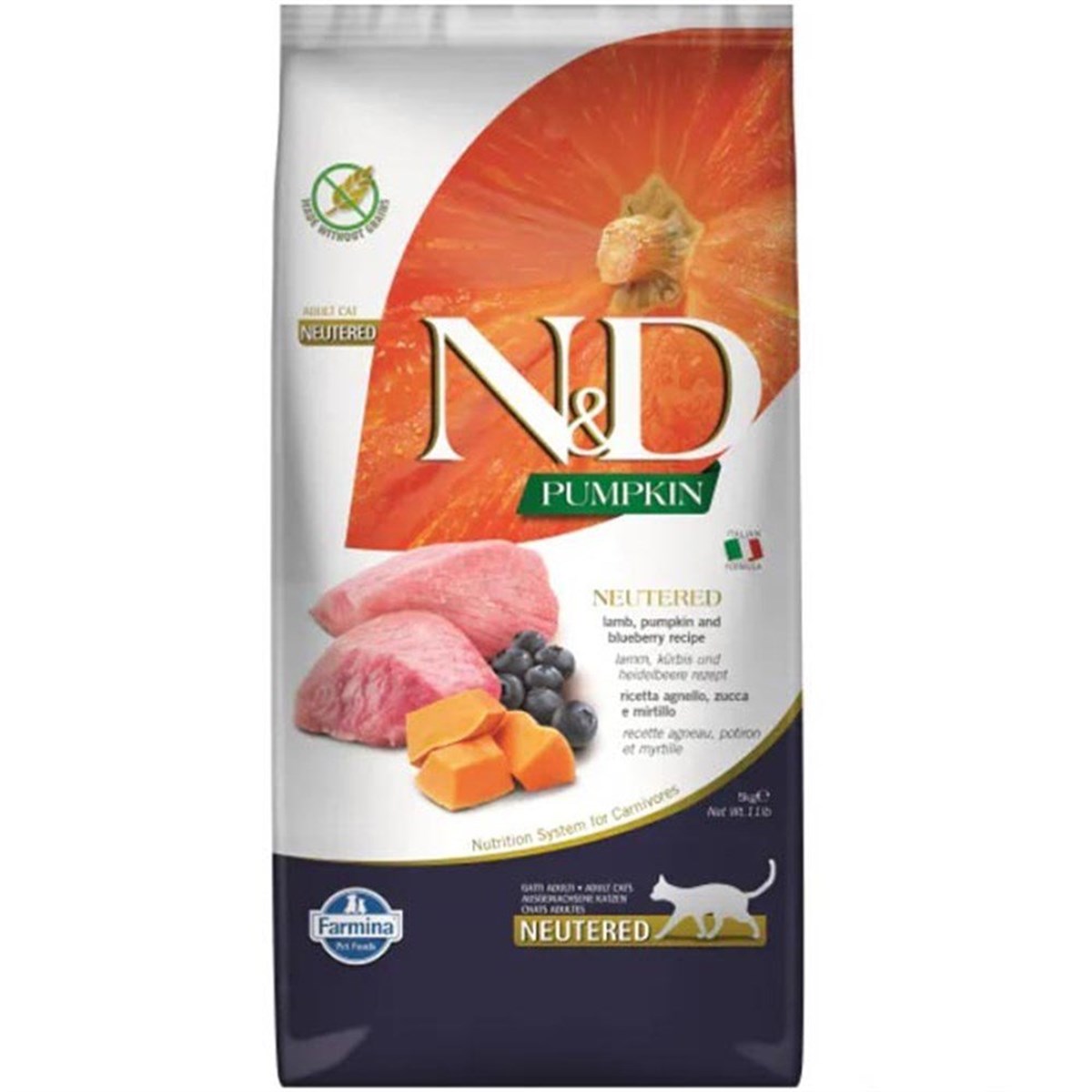 N&D Pumpkin Balkabaklı Tahılsız Kuzu Etli & Yaban Mersinli Kısırlaştırılmış Yetişkin Kedi Maması 5 Kg
