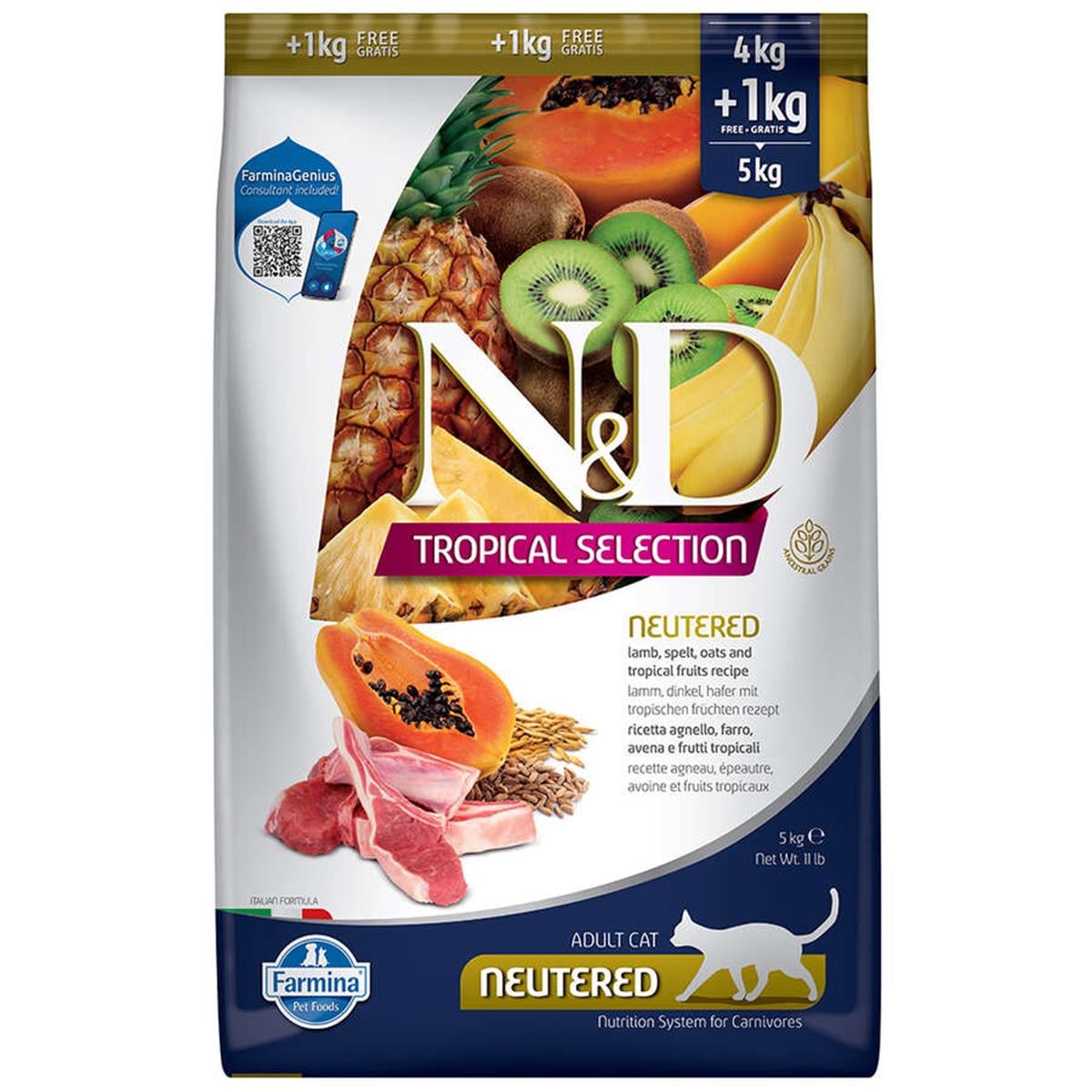 N&D Tropical Selection Kuzu Etli ve Tropikal Meyveli Kısırlaştırılmış Kedi Maması (4+1) 5 Kg