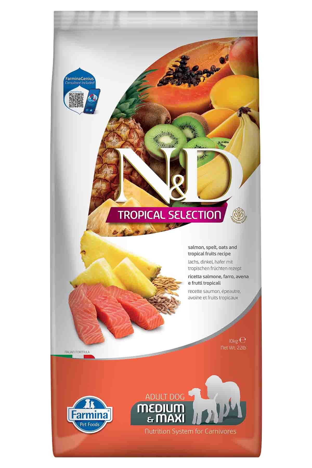 N&D Tropical Selection Somonlu & Tropikal Meyveli Medium & Maxi Adult Yetişkin Köpek Maması 10 Kg