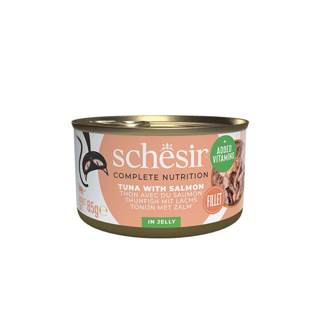 Schesir Ton Balıklı ve Somonlu Jöleli Konserve Yetişkin Kedi Maması 85 Gr
