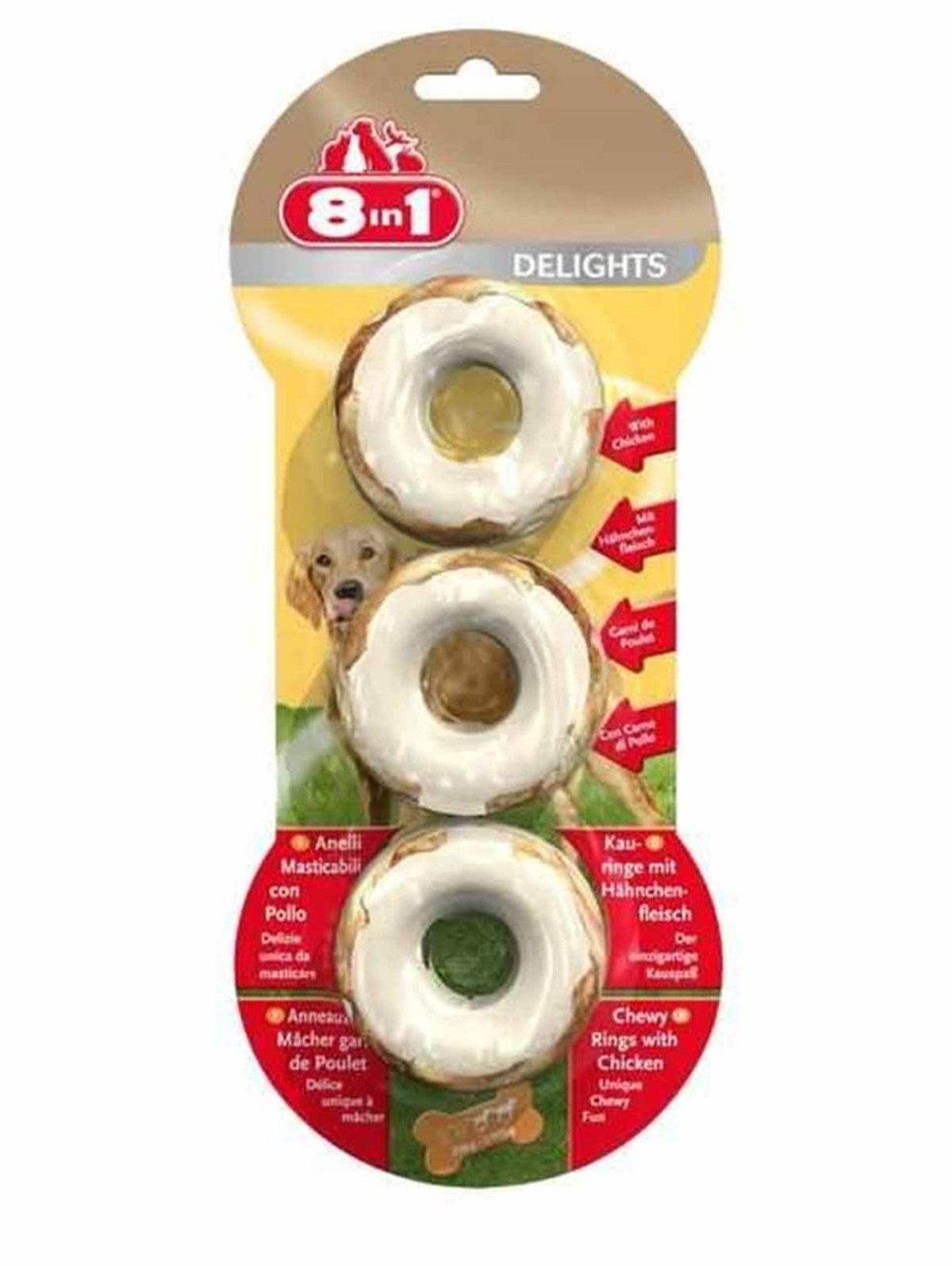 8 in1 Delights Rings Tavuklu Köpekler İçin Ağız Bakım Kemiği 3 Lü (3 Adet 119 Gr)