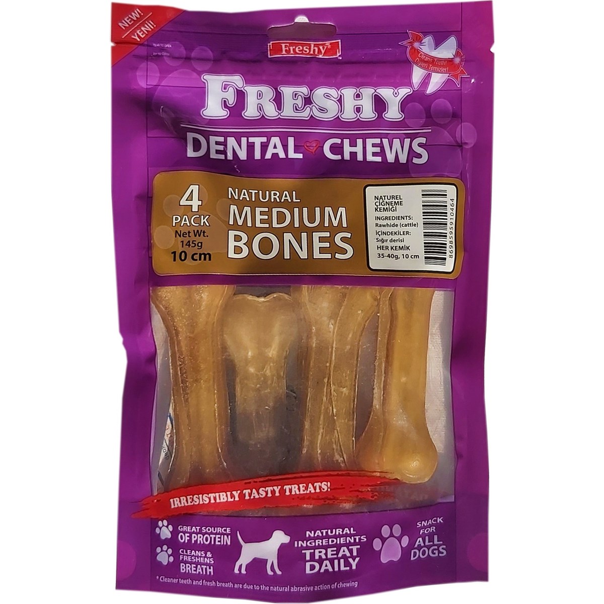 Freshy Dental Chews Naturel Sığır Derisi Köpek Ödülü 10 Cm 4 Adet