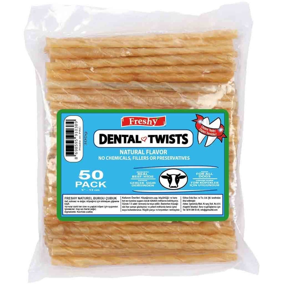 Freshy Dental Twists Burgu Çubuk Sığır Derisi Köpek Ödül Kemiği 50 Adet 300 Gr-Naturel